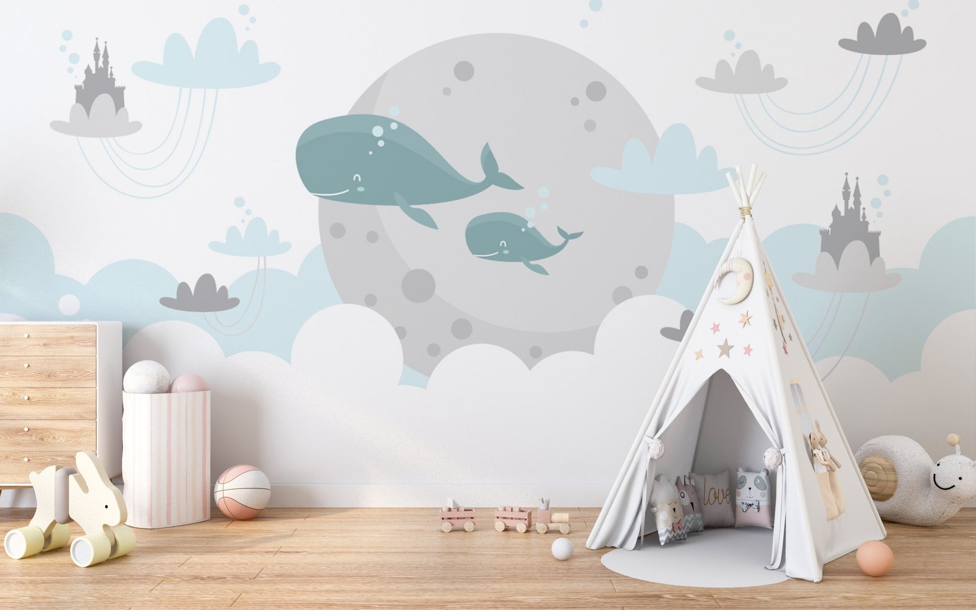 Kids Imagination Flying Whale Wall Murals in a white nursery with a fabric teepee
