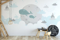 Kids Imagination Flying Whale Wall Murals in a bright study room with wooden flooring