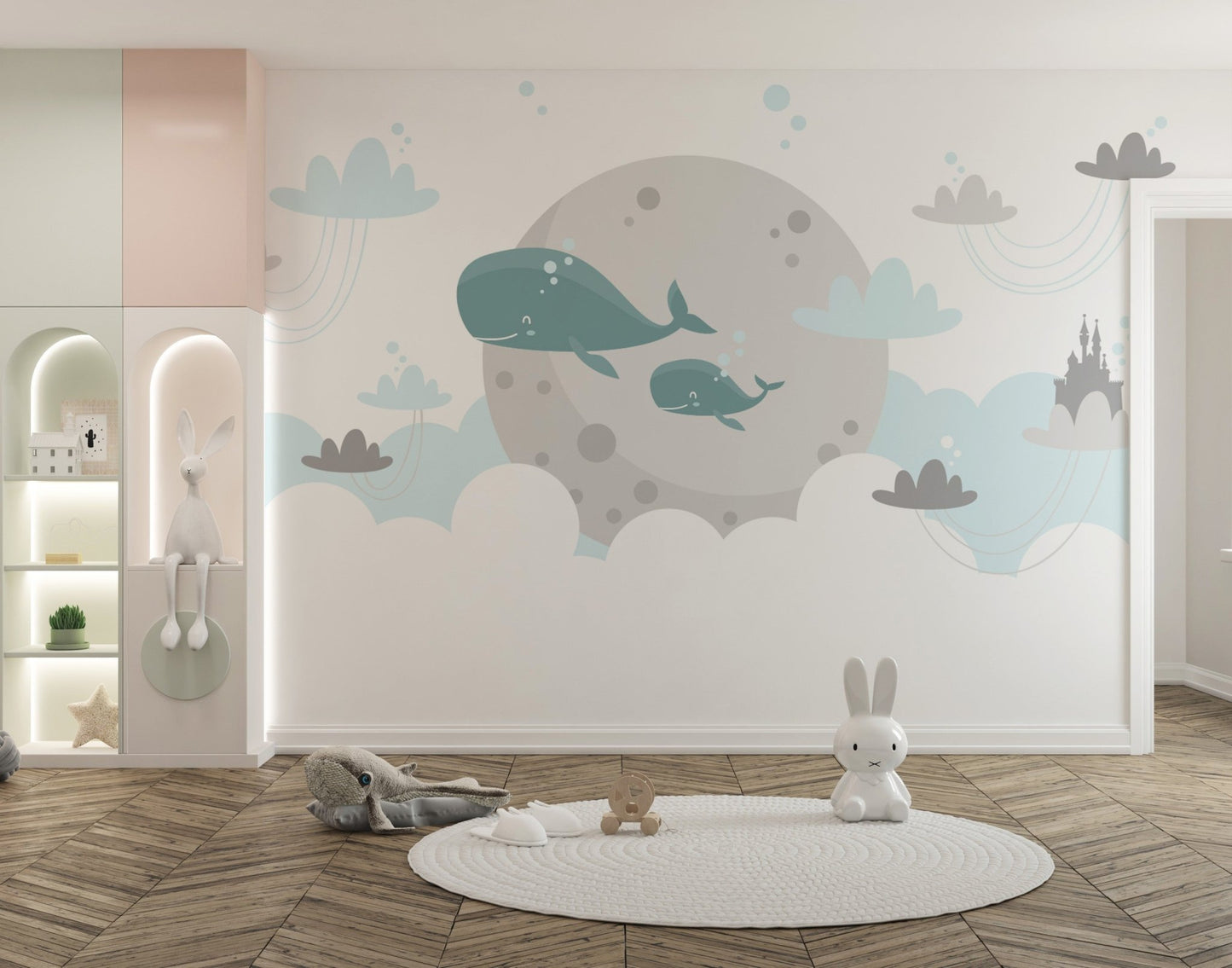 Kids Imagination Flying Whale Wall Murals in a minimalist play area with white rug