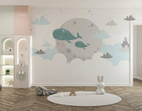 Kids Imagination Flying Whale Wall Murals in a minimalist play area with white rug