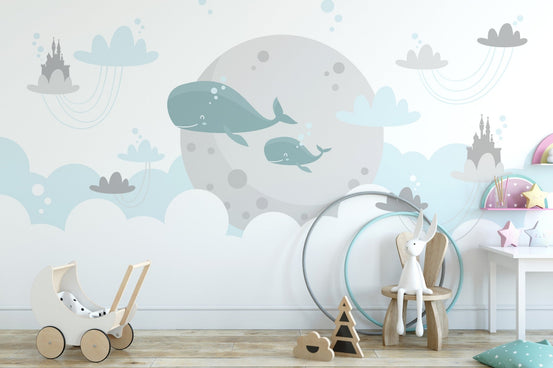 Kids Imagination Flying Whale Wall Murals in nursery with white wooden pram toy