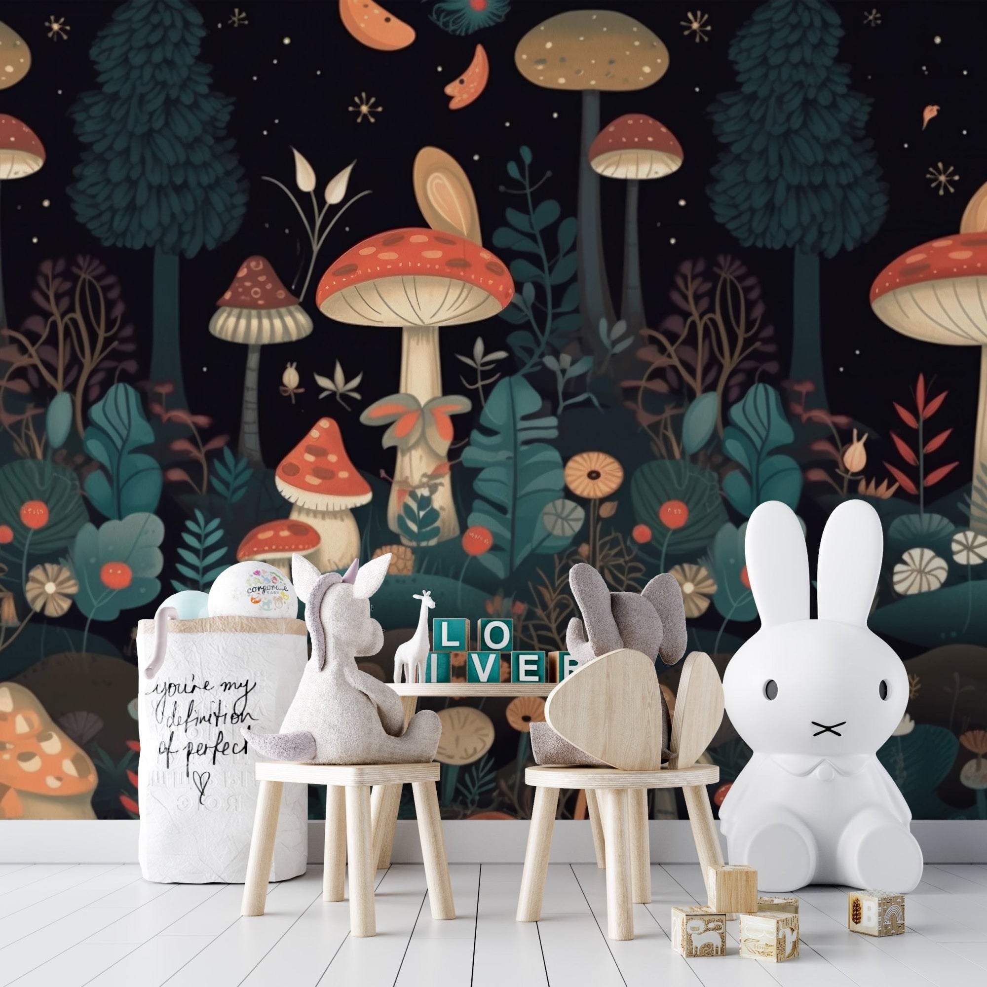 Kids mushroom wallpaper mural with red toadstools and dark forest.
