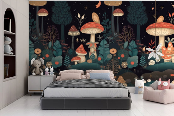 Enchanted garden wall mural featuring teal leaves and orange mushroom.