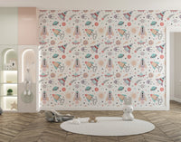Pastel rocket ships and planets wall mural with playful cosmic design.
