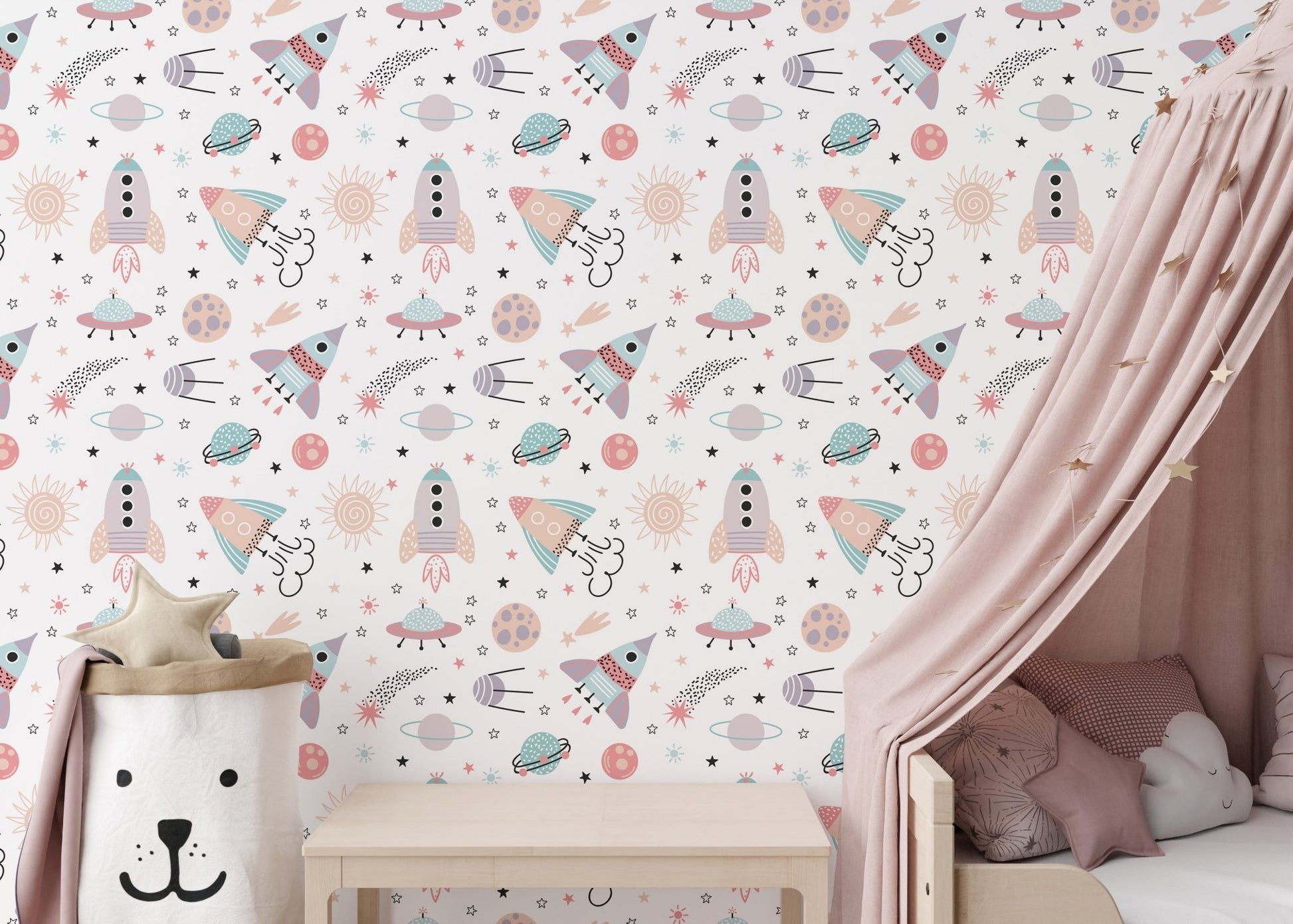 Cartoon rockets and solar system wallpaper with colorful space elements.
