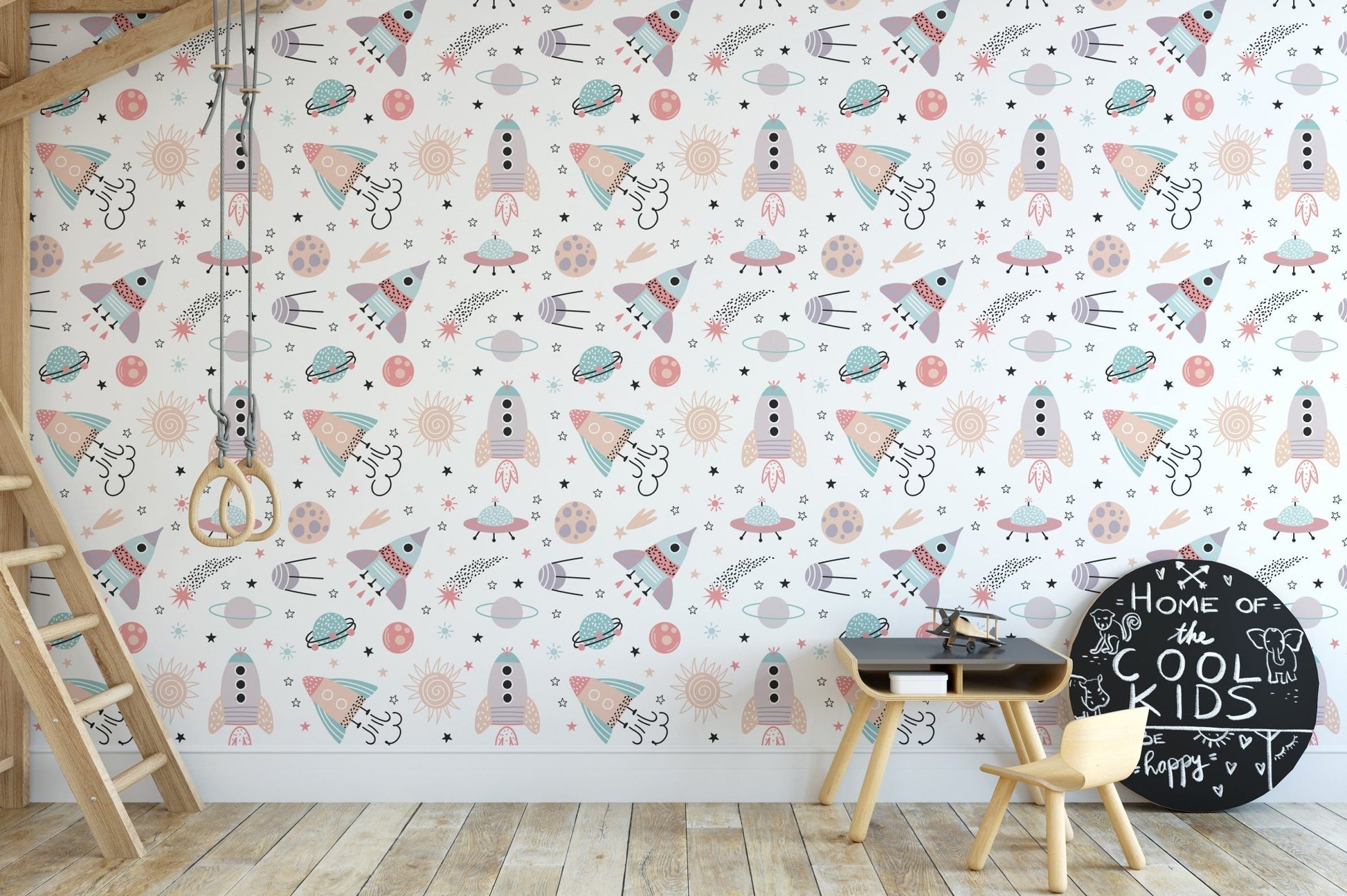 Seamless space themed wallpaper with rockets, planets, stars and suns for kids room.