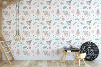 Seamless space themed wallpaper with rockets, planets, stars and suns for kids room.