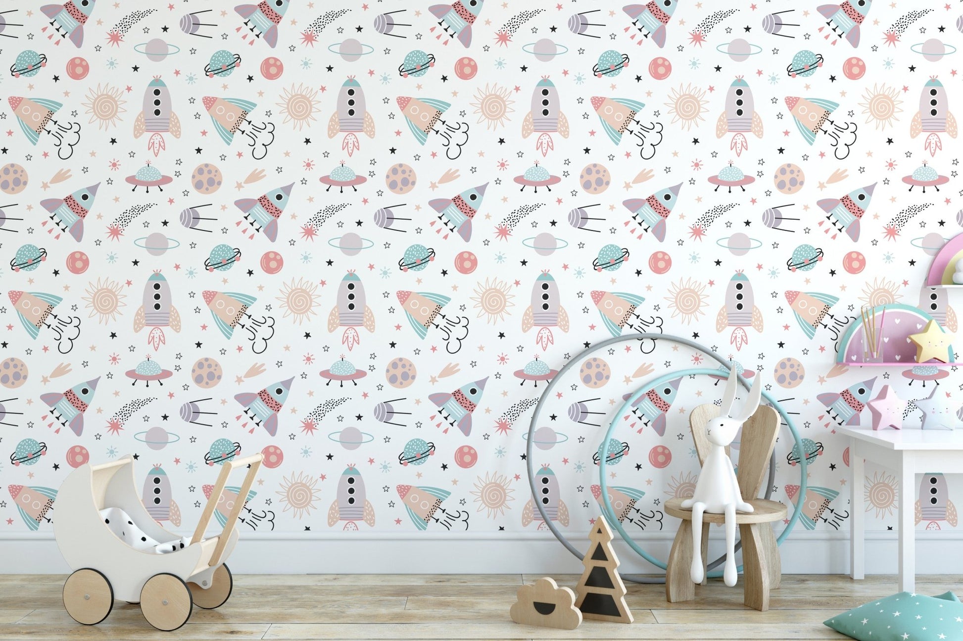 Kids room abstract rockets and planets wallpaper with pastel space icons.