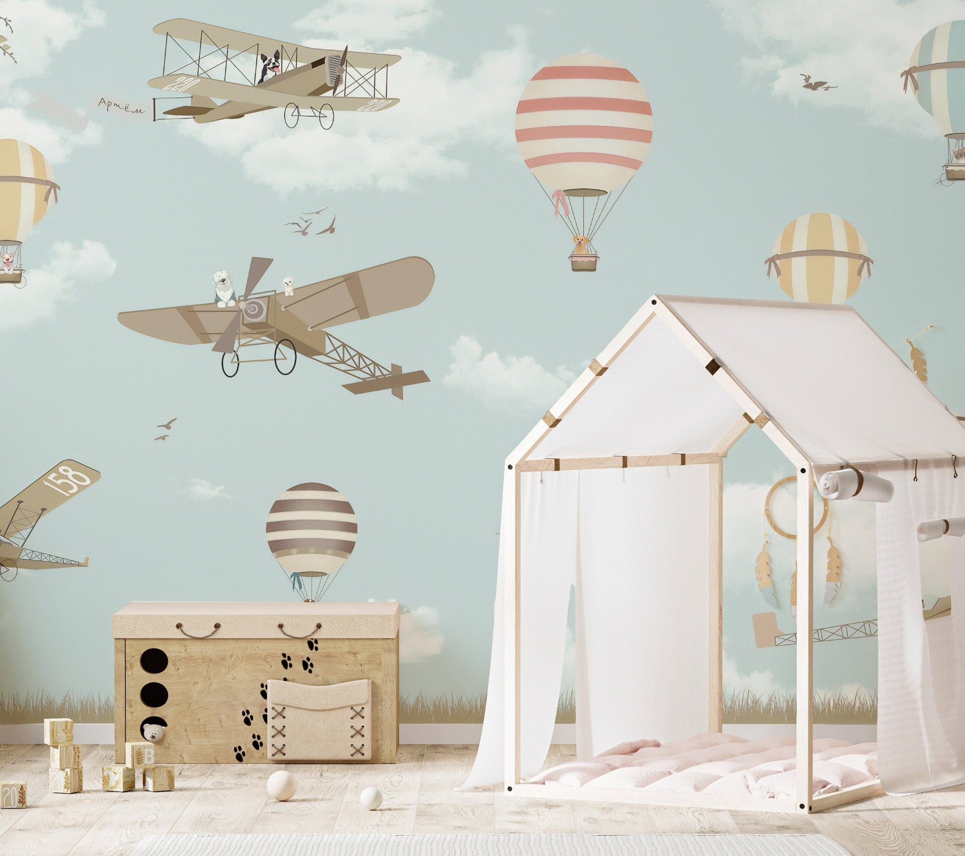 Hot air balloon wall mural with planes in nursery. 