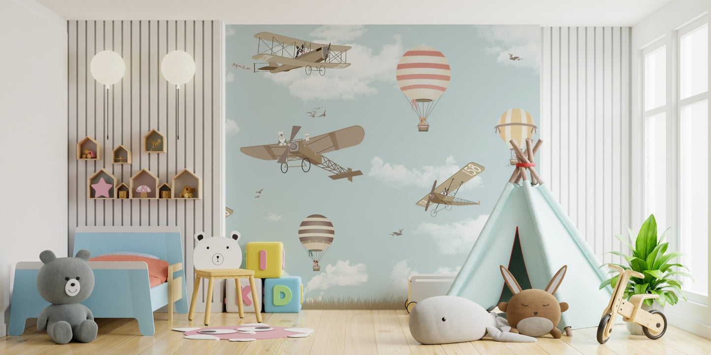 Vintage aircraft and balloon wall mural in a kids bedroom.