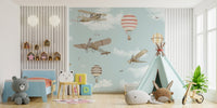 Vintage aircraft and balloon wall mural in a kids bedroom.