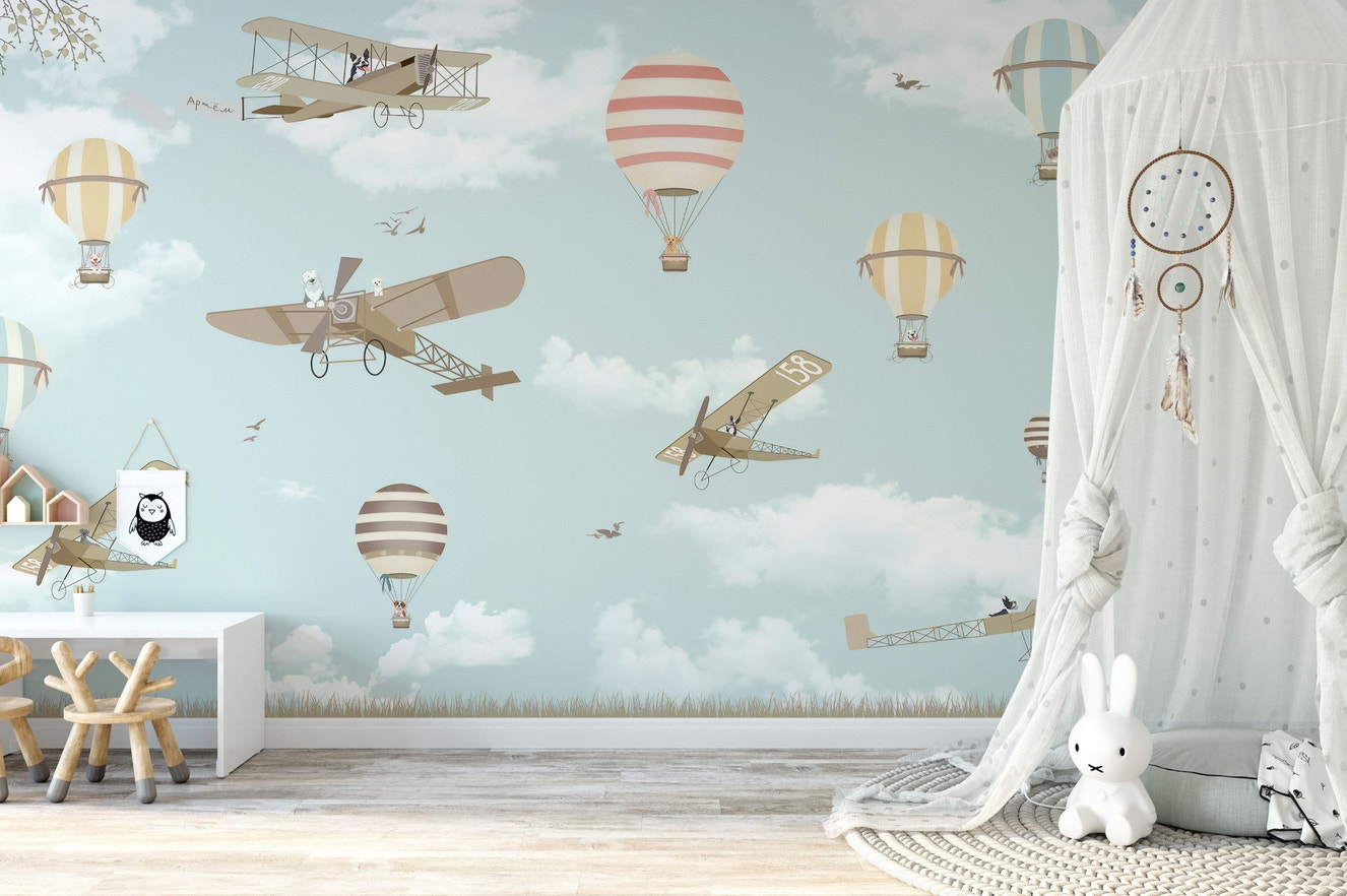 Hot air balloon mural featuring airplanes for a child's bedroom.