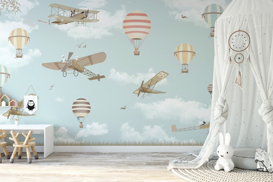 Hot air balloon mural featuring airplanes for a child's bedroom.