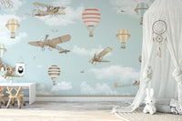 Hot air balloon mural featuring airplanes for a child's bedroom.