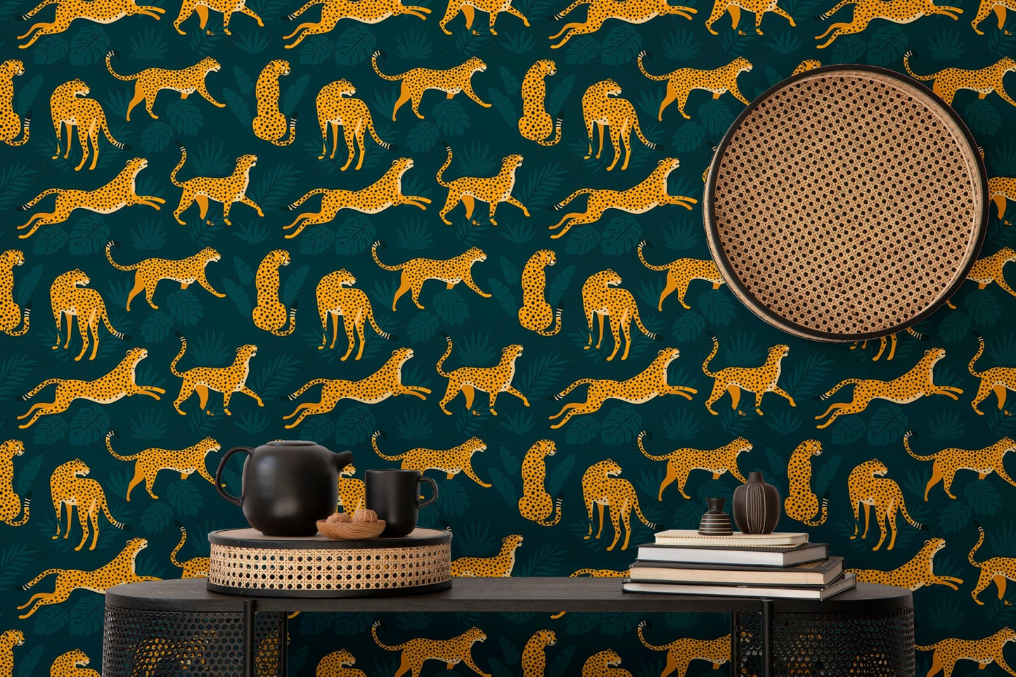 Leopard pattern wallpaper for a study space with a small side table.