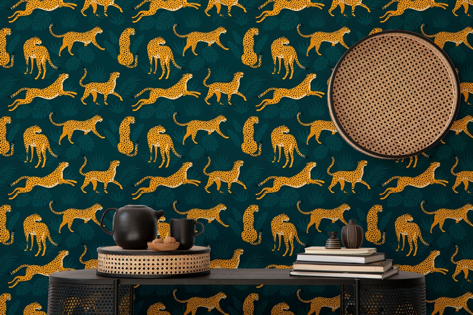 Leopard pattern wallpaper for a study space with a small side table.