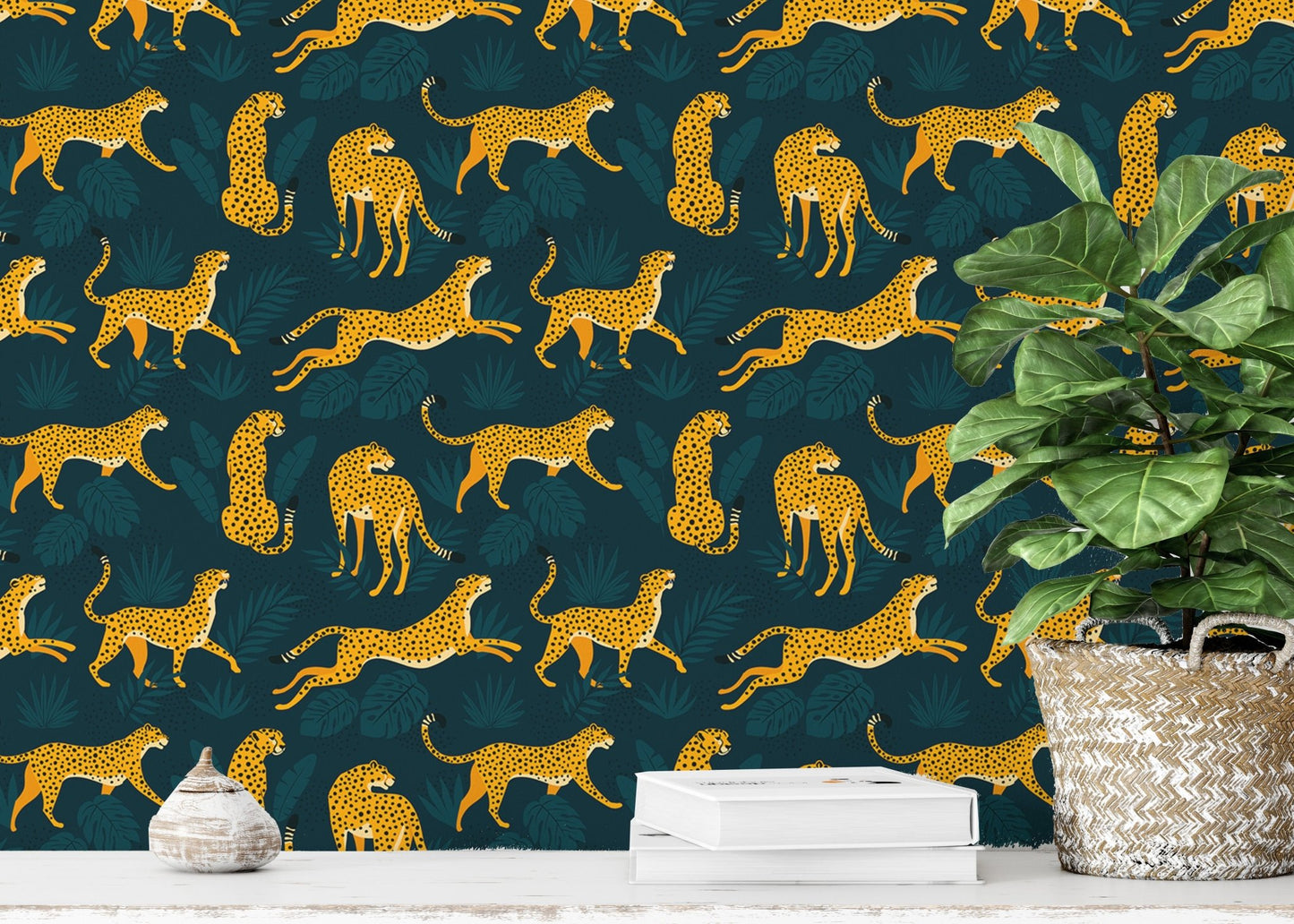 Tropical-themed wallpaper featuring leopards for kids space.