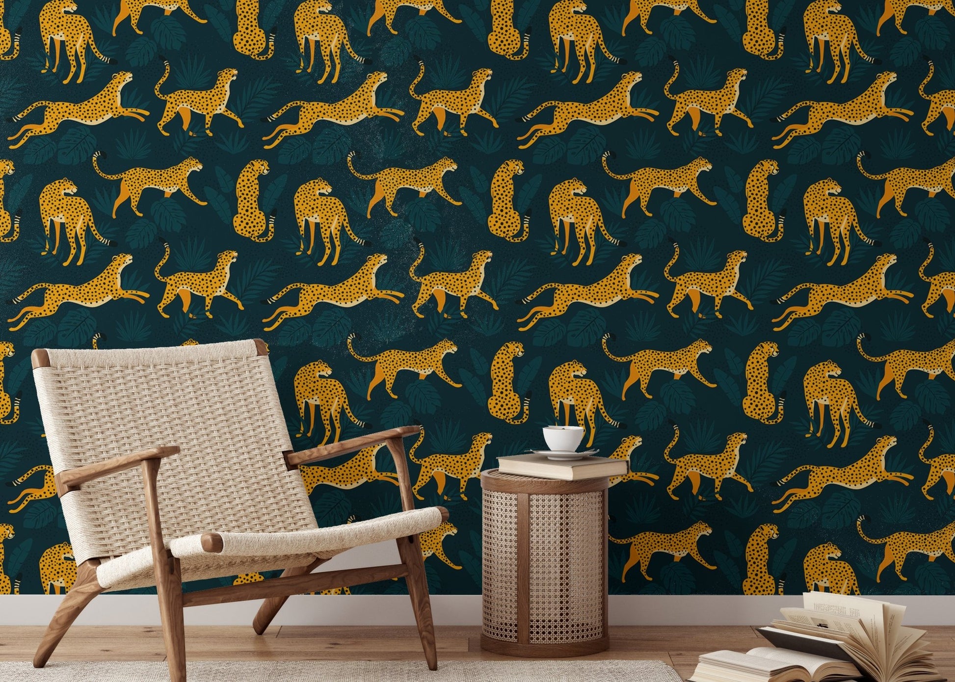 Whimsical wallpaper with tropical leaves and leopards in reading area.