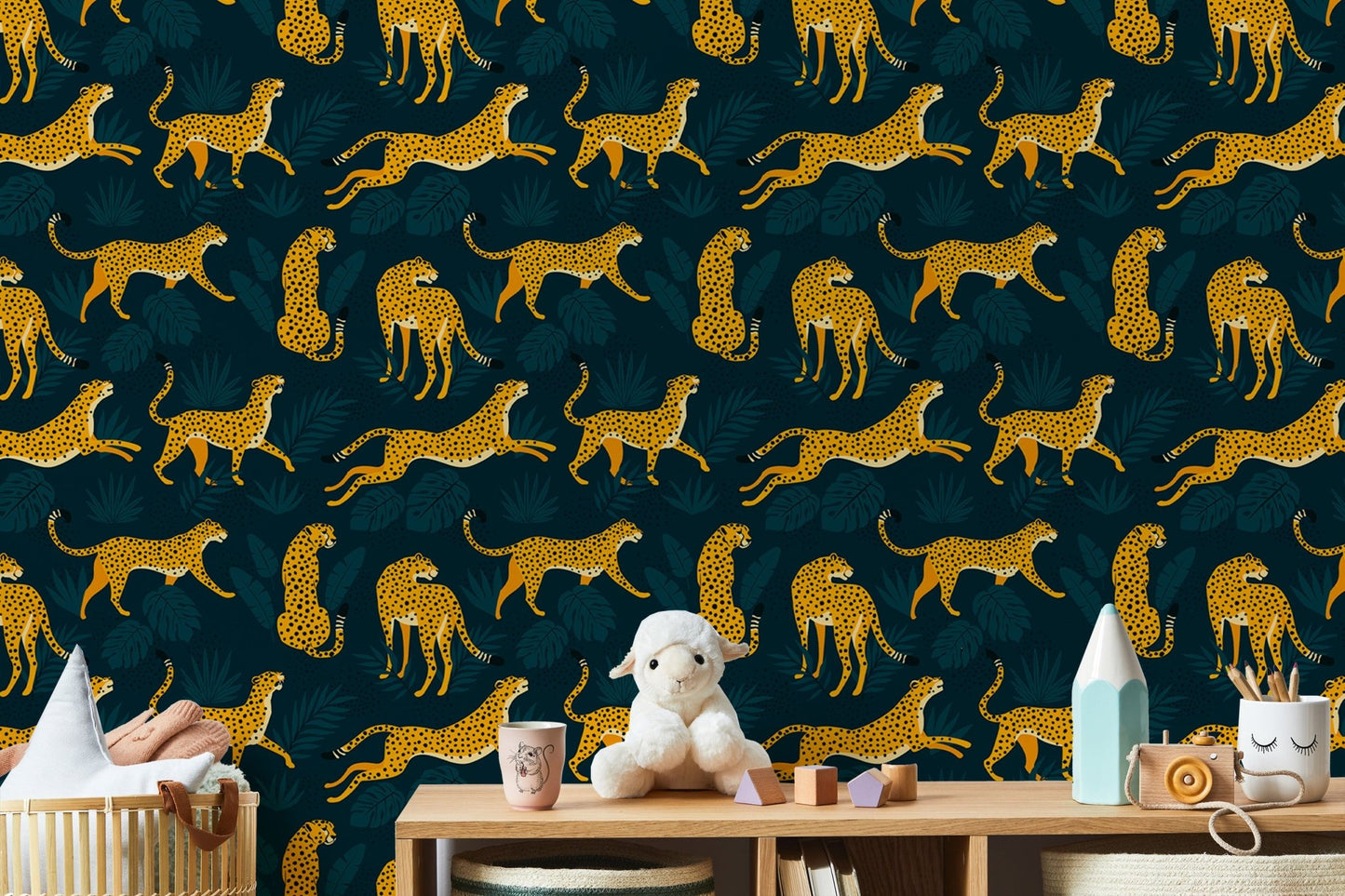 Leopard and tropical foliage pattern wallpaper for kids playroom.