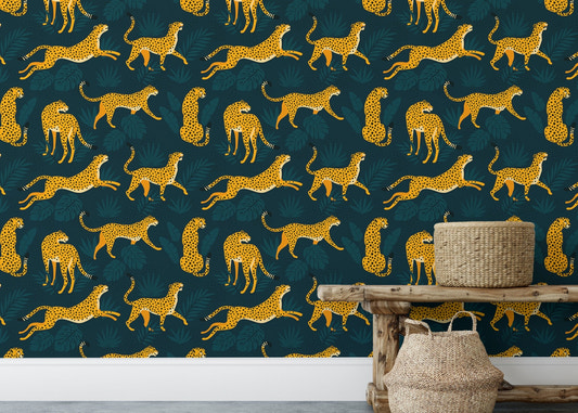 Fun wallpaper with leopards and tropical leaves for kids room