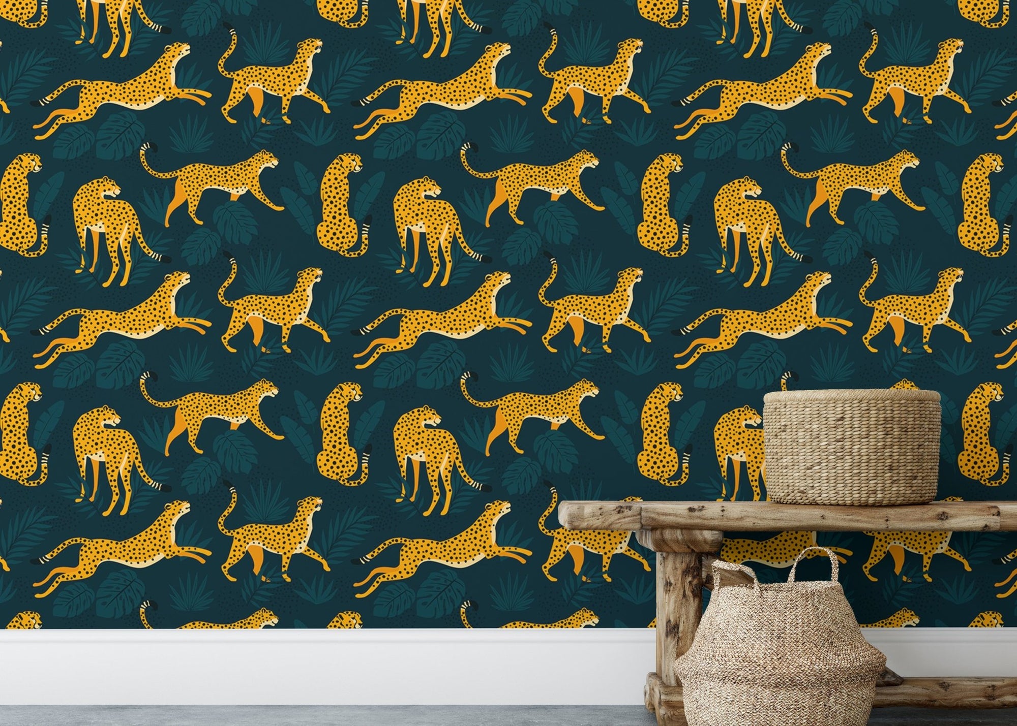 Fun wallpaper with leopards and tropical leaves for kids room