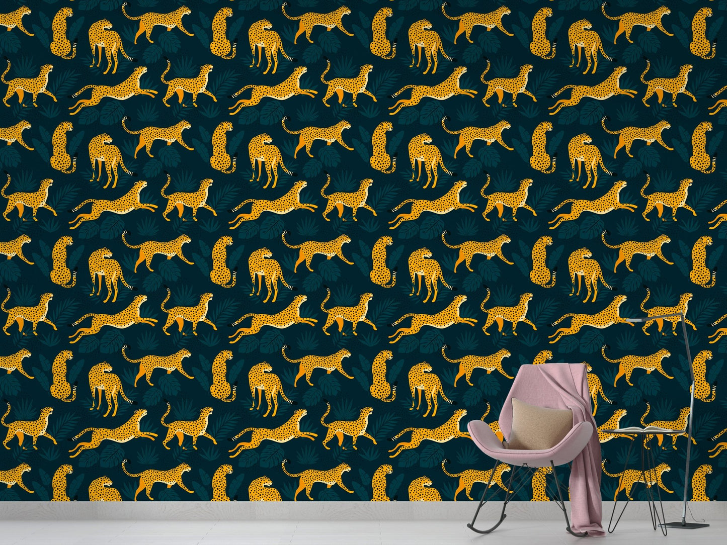Kids Room Leopard Tropical Leaves Pattern Wallpaper with a wooden chair.
