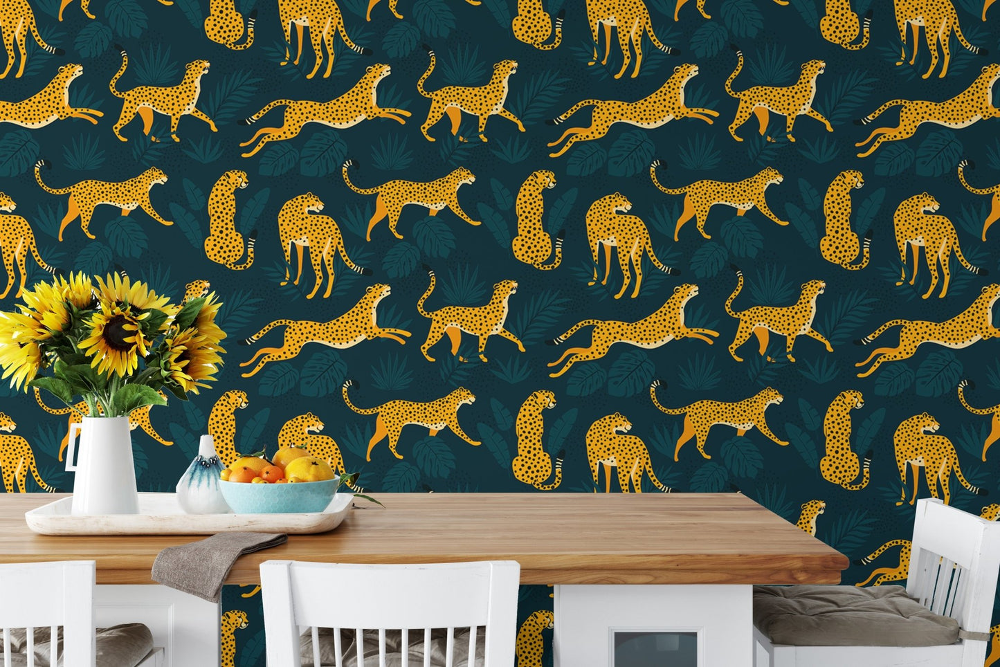 Playful leopard and leaves wallpaper  for dining room.