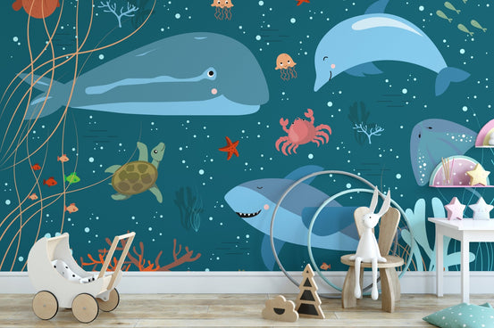 Kids Room Marine Wonderland Haven Murals blue nursery wall with whales