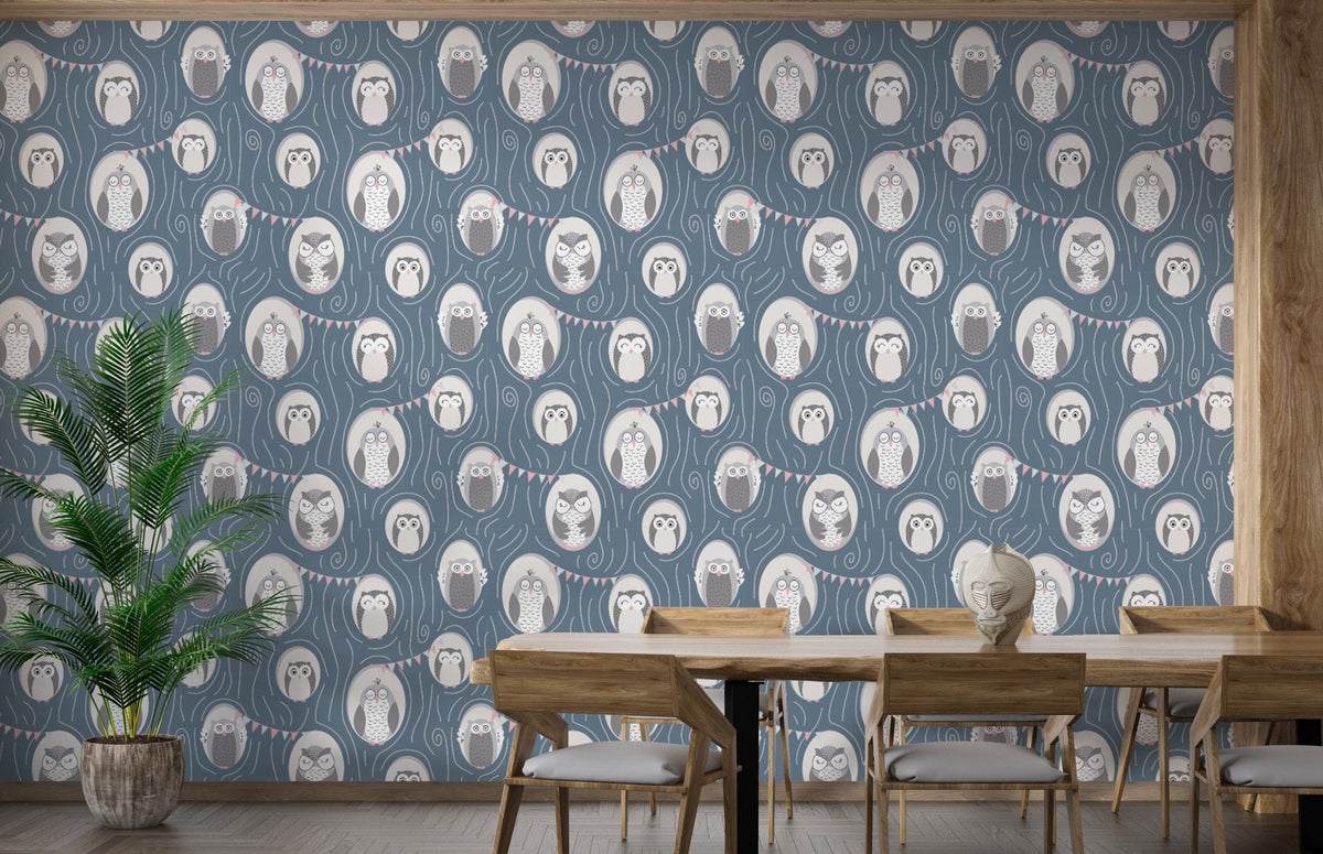 Repeating pattern wall mural with owls and tree designs for dining room.