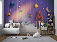 Child's space mural with rocket and planetary system