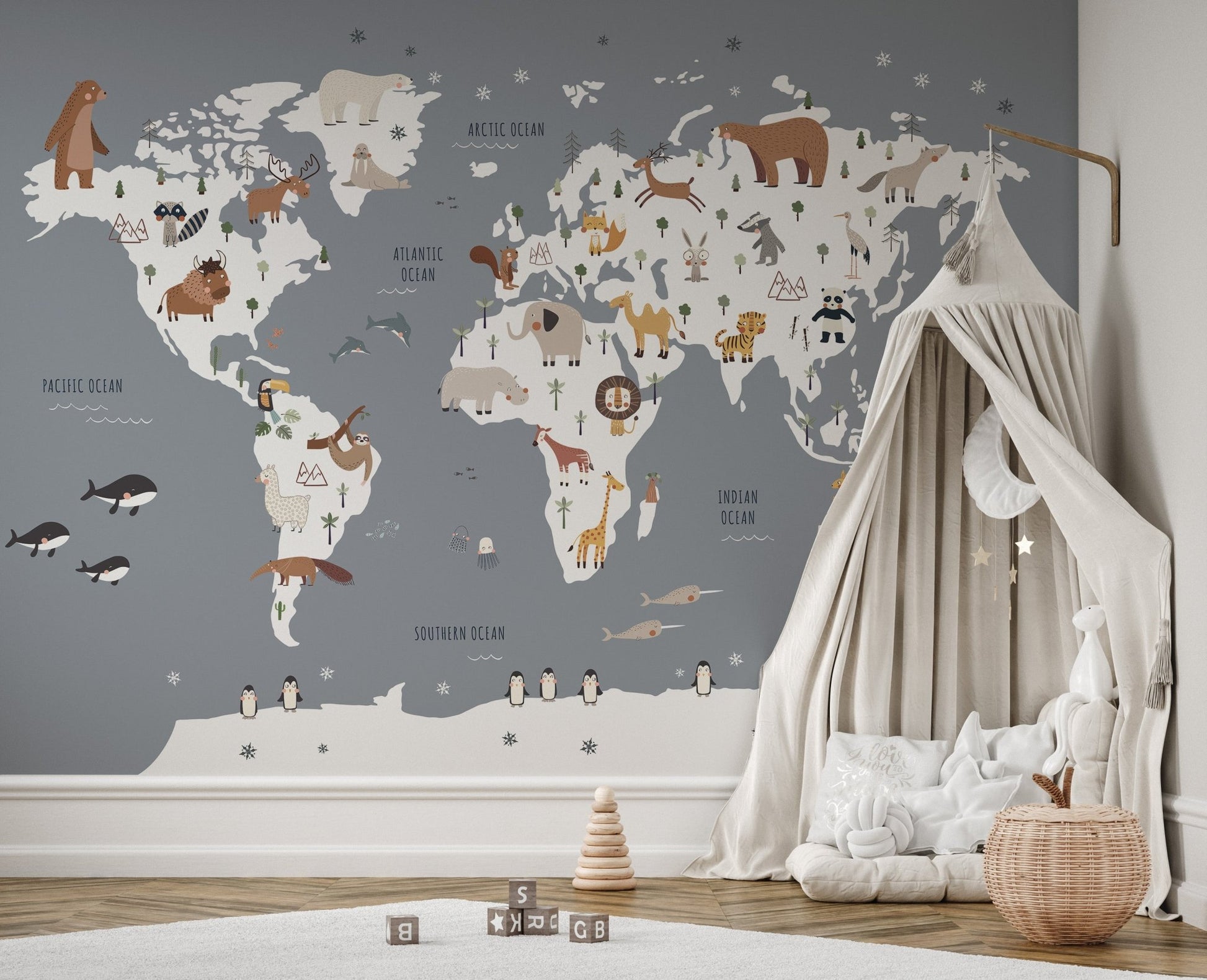 Decorative wall mural with a world map for children space.
