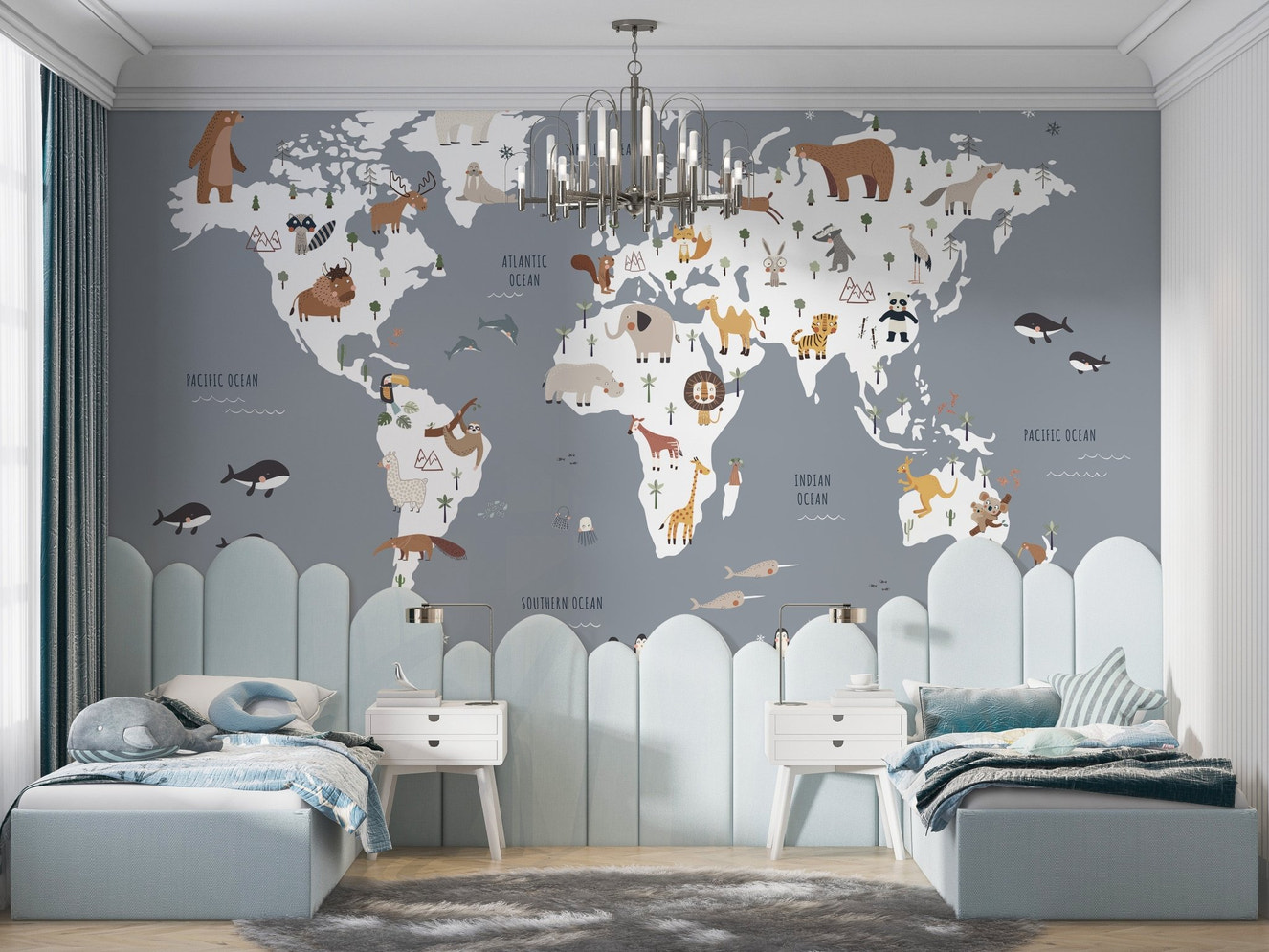 Colorful animal world map wallpaper mural for children’s bedroom.