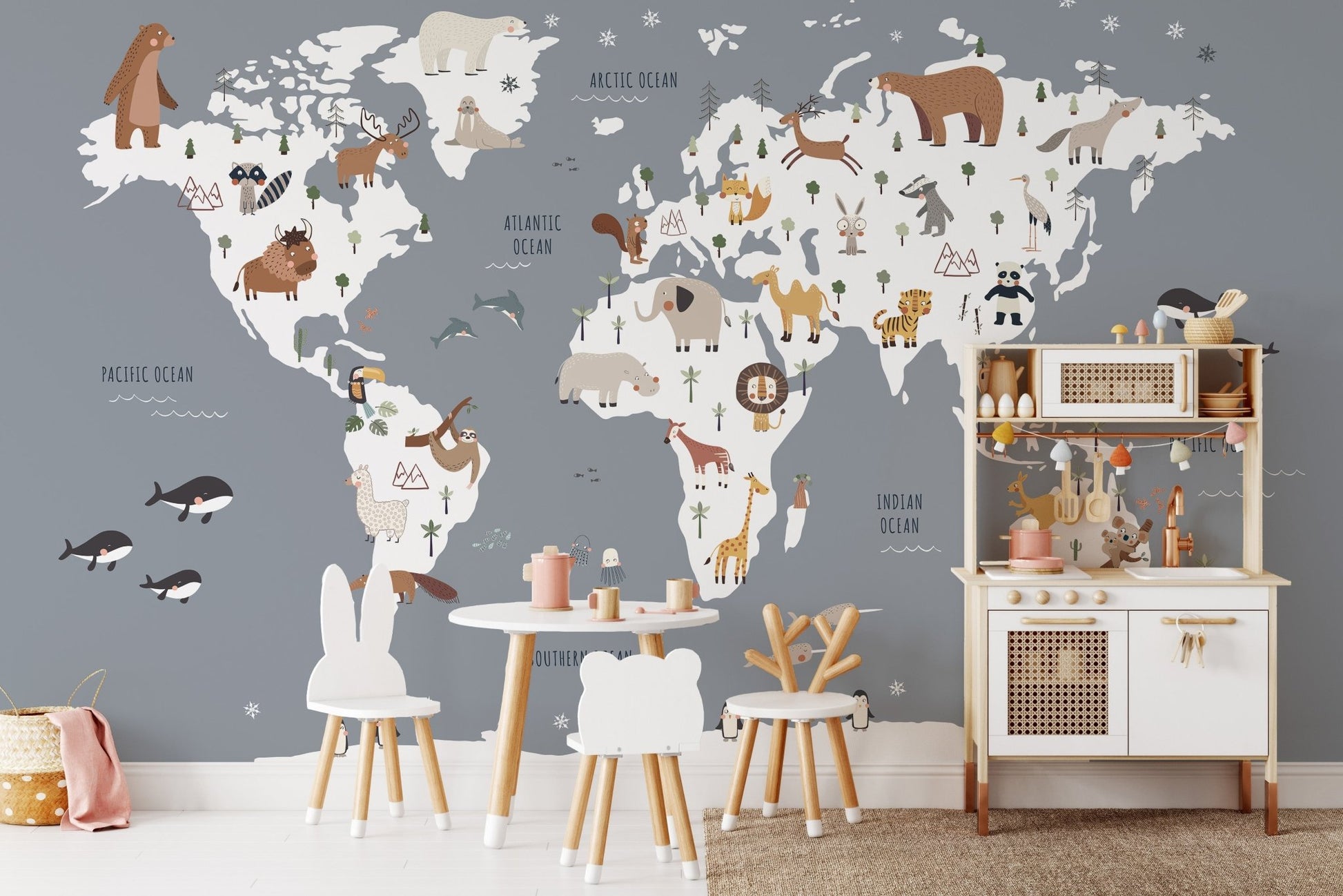 Vibrant world map wallpaper mural for playful kids dining space.
