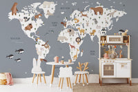Vibrant world map wallpaper mural for playful kids dining space.
