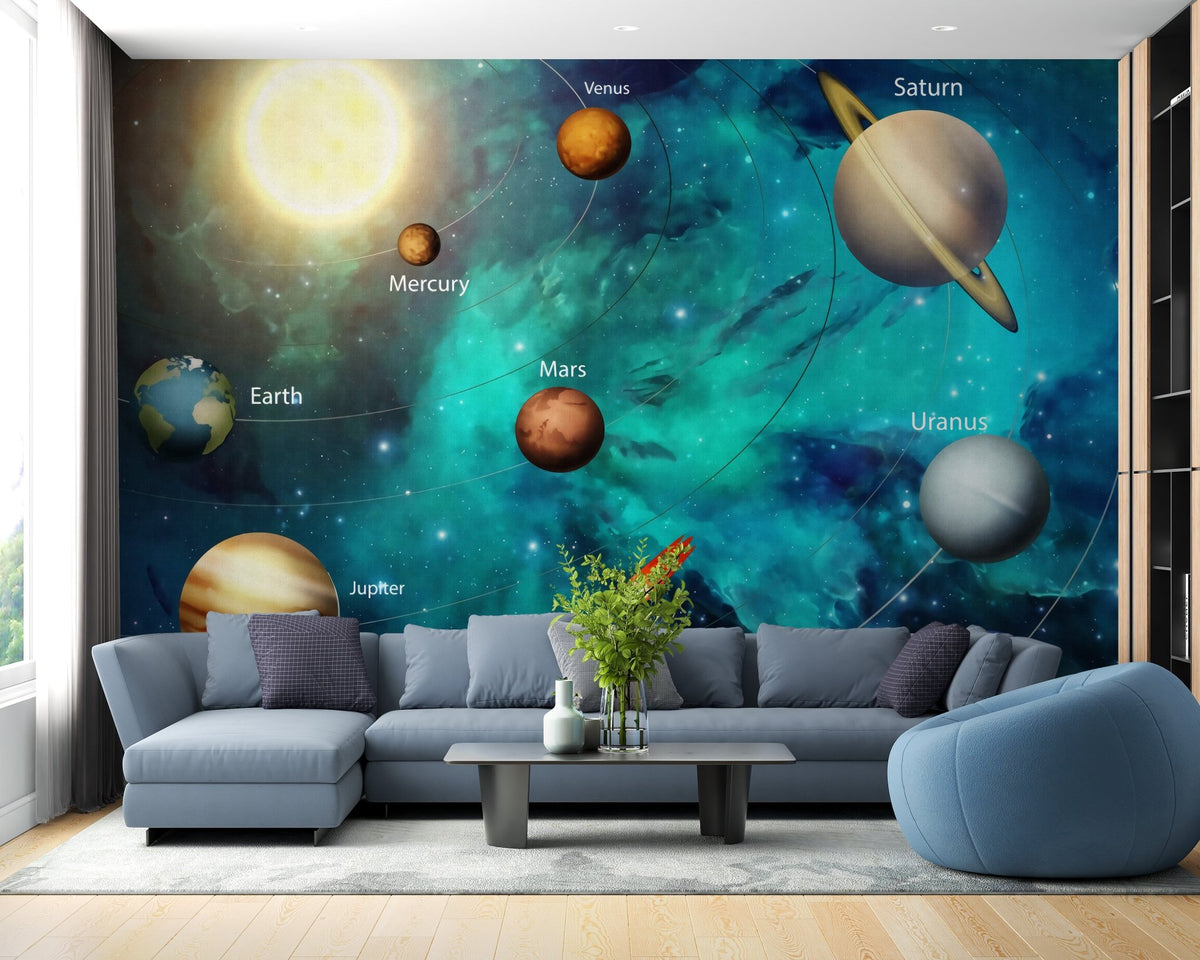 Blue galaxy wall mural in a modern living room.