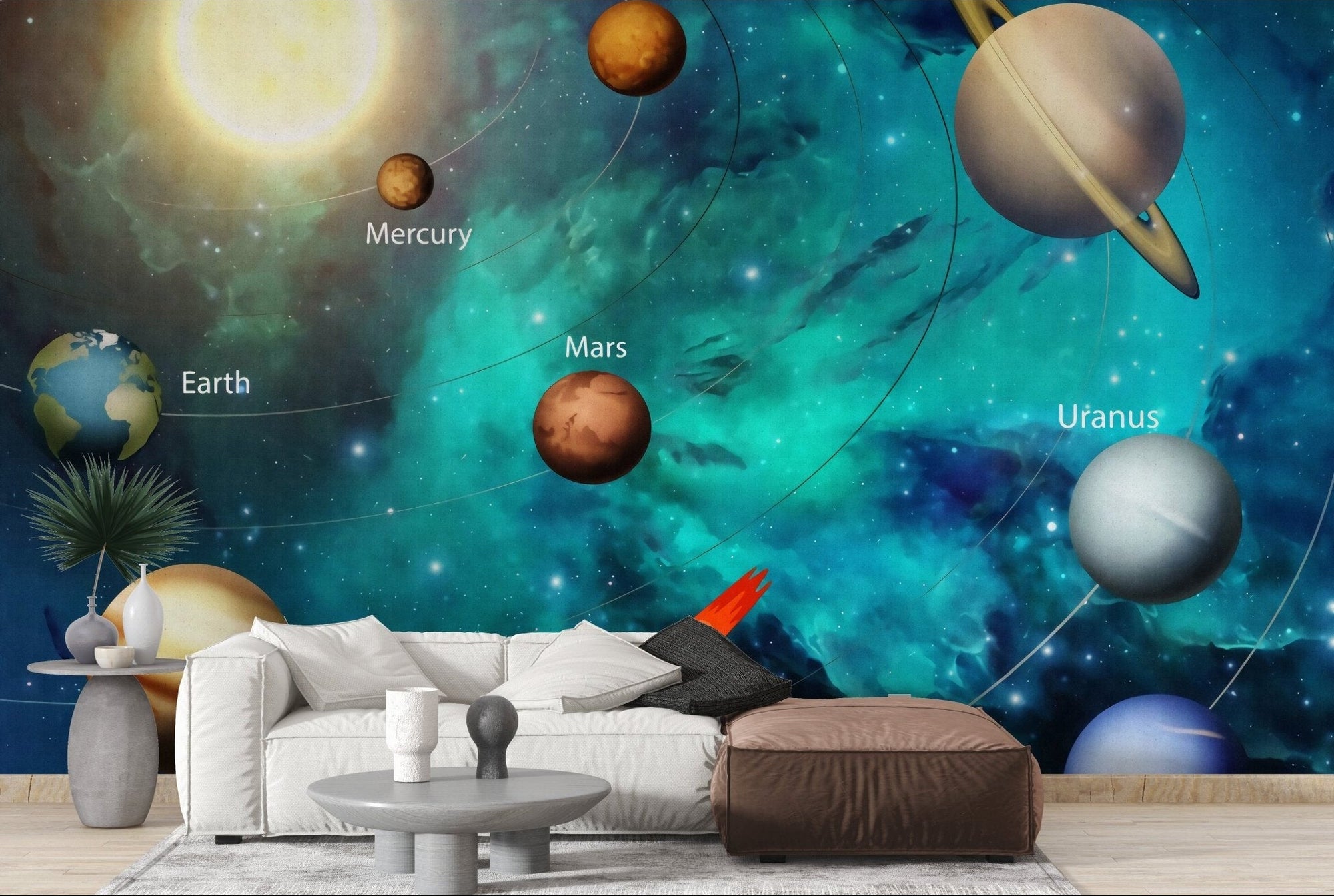 Kids solar system planets wall mural in living room.
