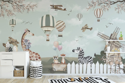 Pastel blue woodland wall mural featuring biplanes and flying birds.