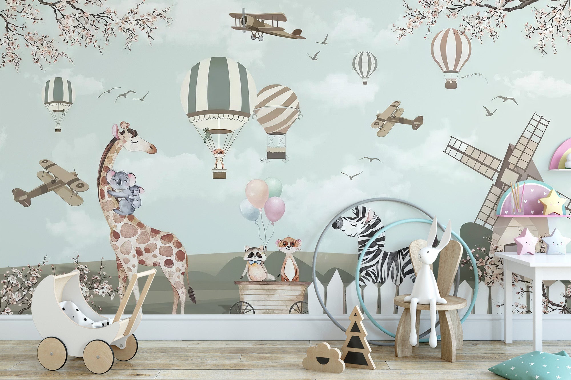 Kids woodland animals wallpaper with giraffe and hot air balloons.