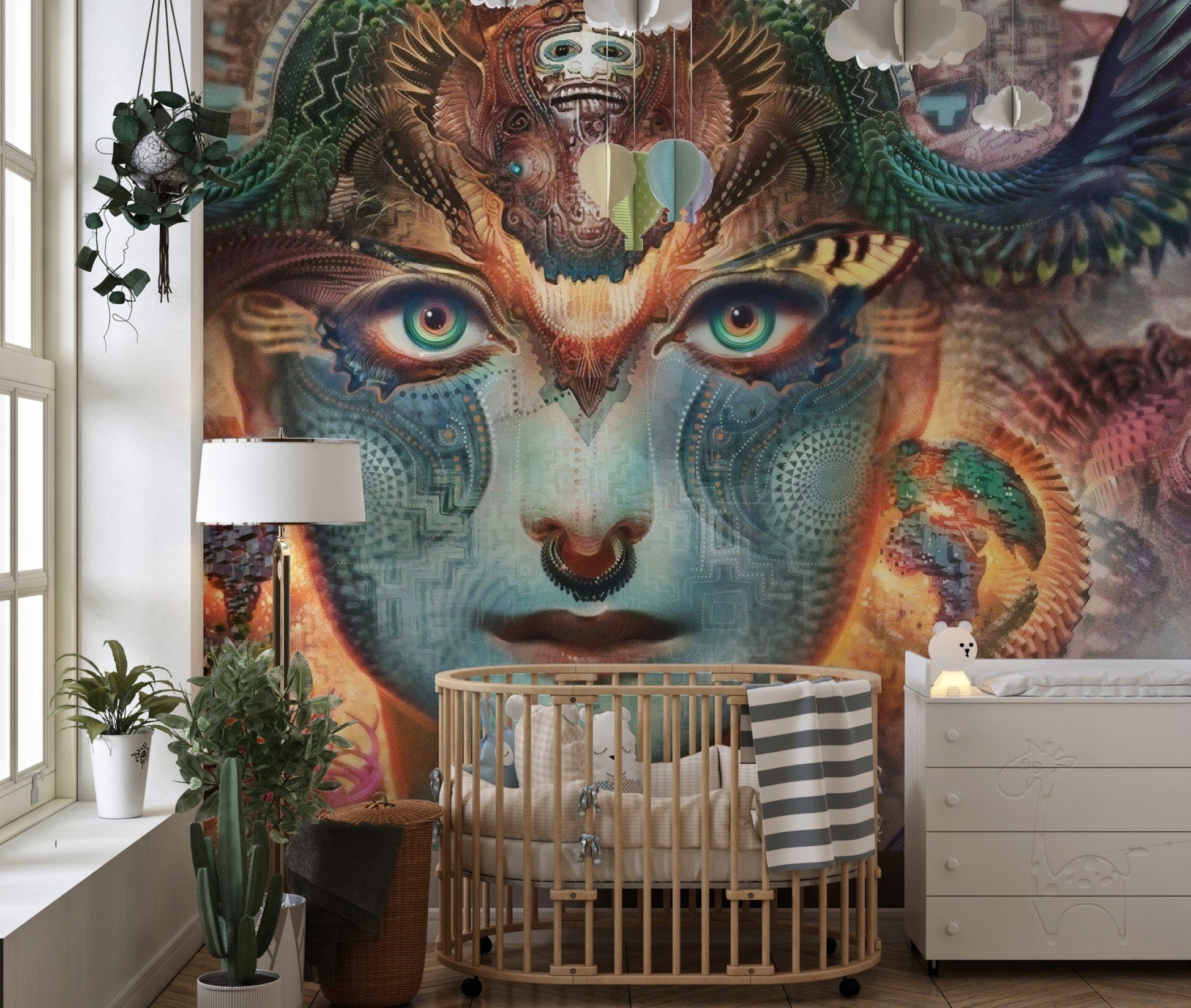 Lady of the Dragon Realm wall mural placed behind a nursery crib.