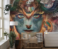 Lady of the Dragon Realm wall mural placed behind a nursery crib.