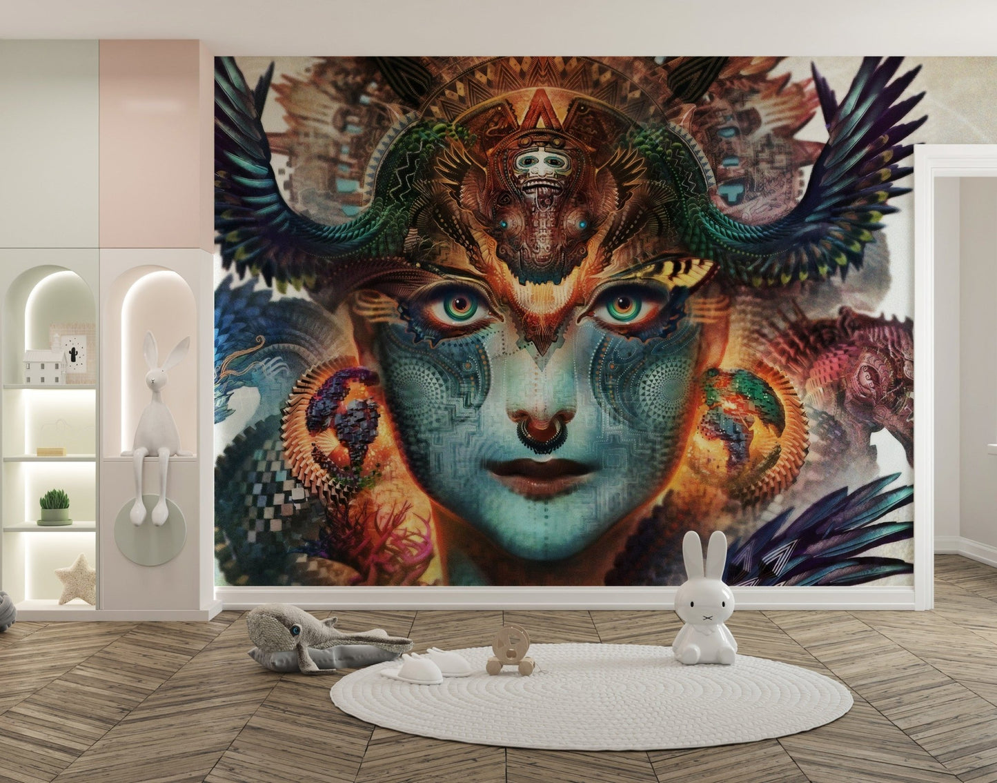 Surreal dragon portrait wall mural with white circular rug in kids room.