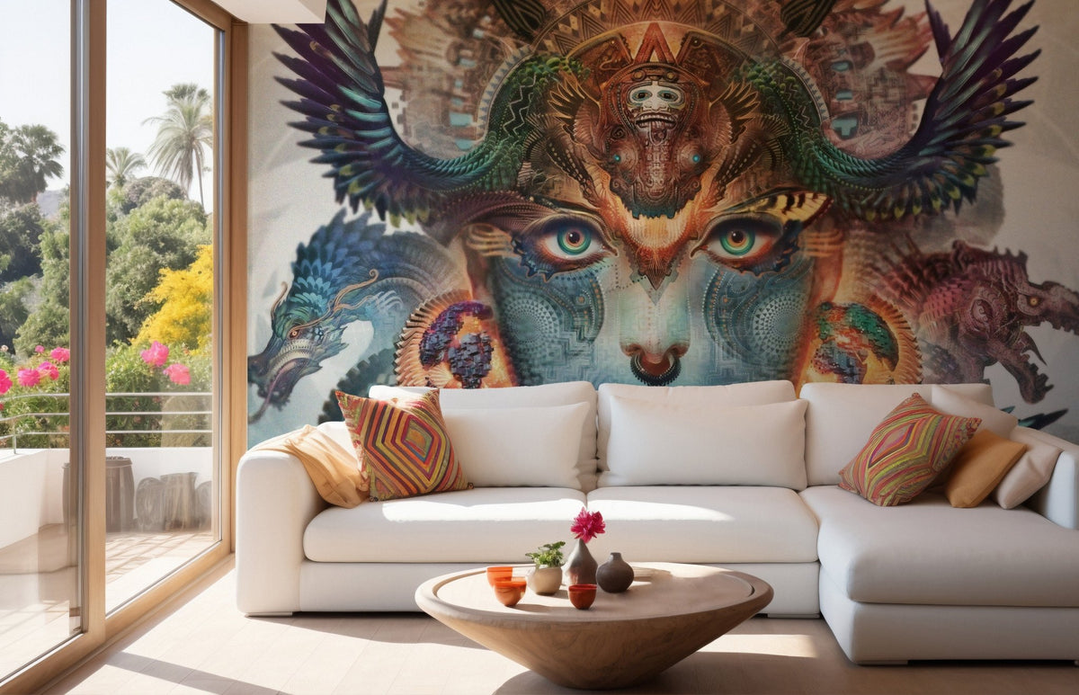 Large scale mythical portrait wall mural in a bright living room.