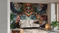 Dragon queen mural with wings and feathers in a minimalist living area.