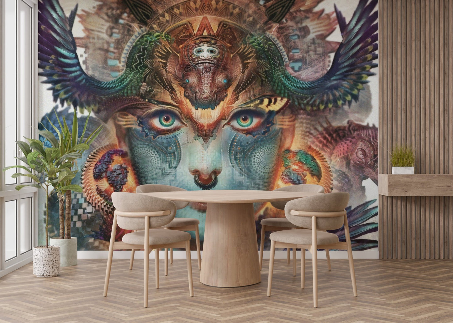 Lady of the Dragon Realm wall mural behind a wooden dining table.