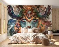 Mythical woman with teal face and dragon wings bedroom wall mural.