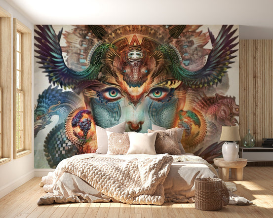 Mythical woman with teal face and dragon wings bedroom wall mural.