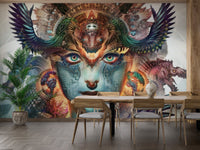 Mythical goddess realm wall mural design in a sunlit dining space.