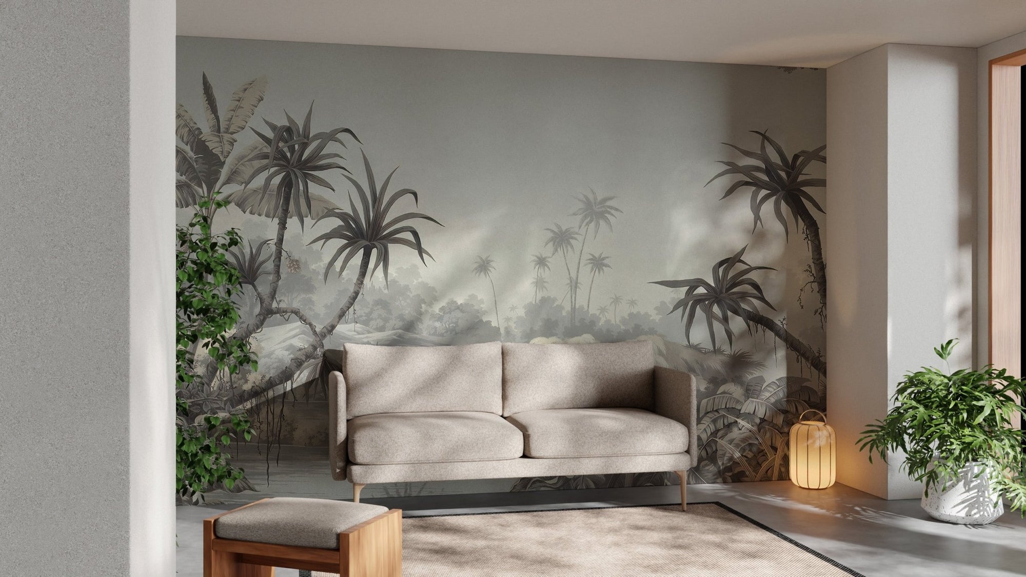 Lake and Palm Paradise Wall Murals with grey palm trees behind a beige sofa.