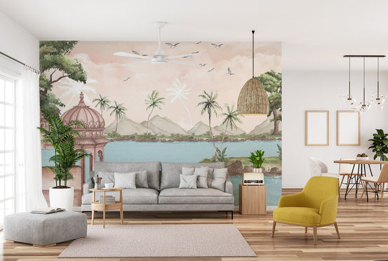Artistic lakeside wall mural with teal water ripples and lush green trees in a vintage style.