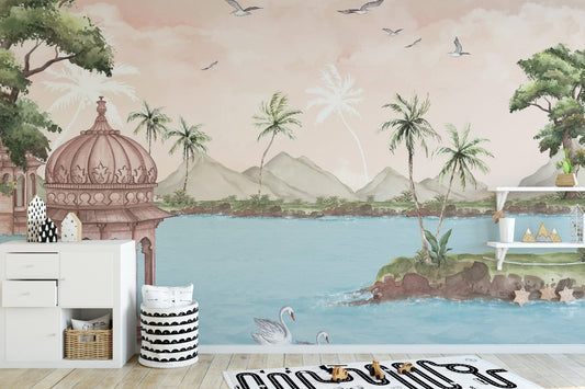 Scenic lakeside wallpaper showing palm trees and distant mountains under a soft peach sky.